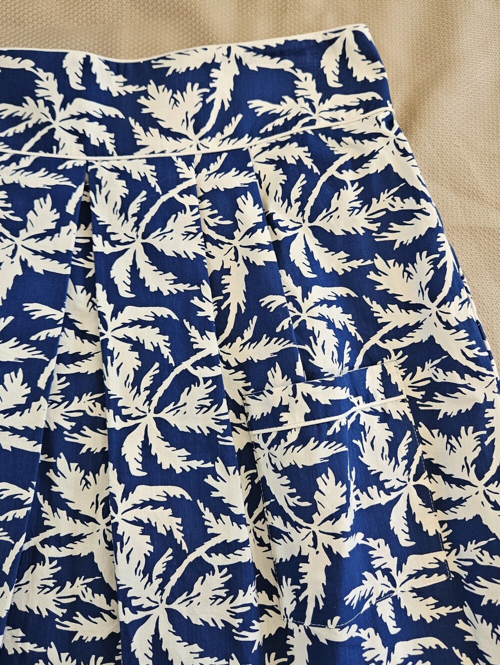 Kayce Hughes Alison Skirt Blue Palm Print Cotton Pleated A-Line Sz 14 Preppy